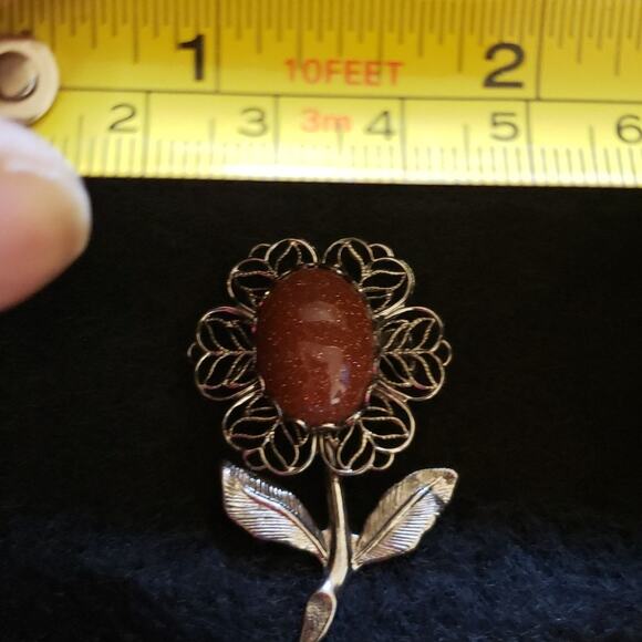 Vintage Silver flower Goldstone brooch - Picture 3 of 6